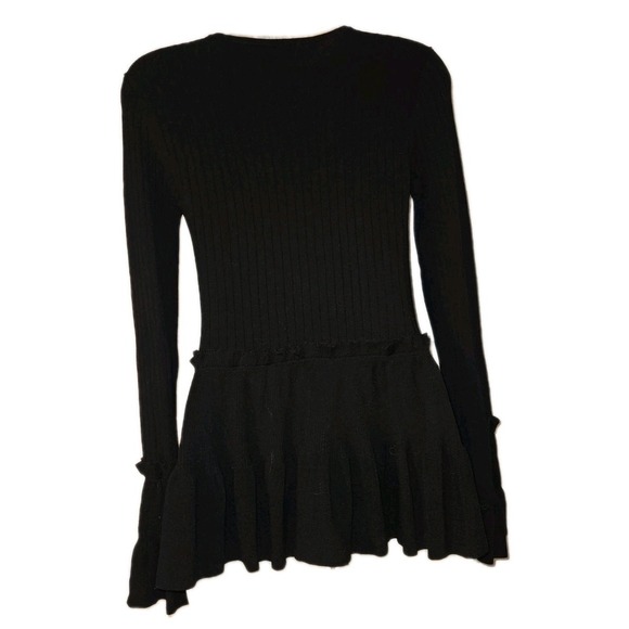 Boston Proper Black Ribbed Zip Up V Neck Bell Sleeve Ruffled Sweater Size XS - Picture 2 of 5